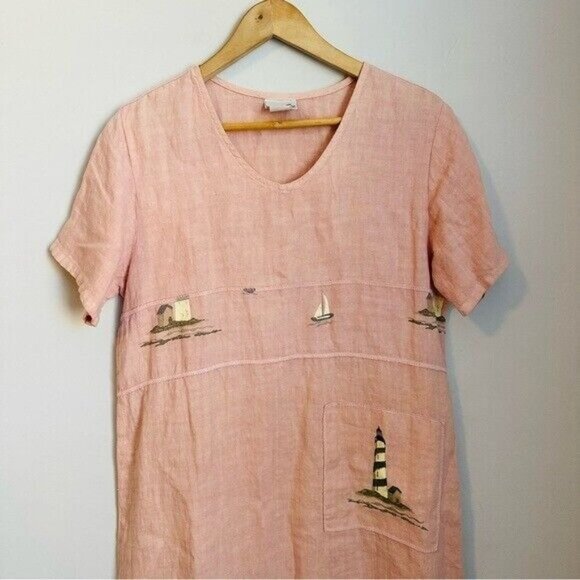 Vintage Donna Linen Maxi Peach Dress with lighthouses and sailor boats Sz Small - Picture 3 of 8